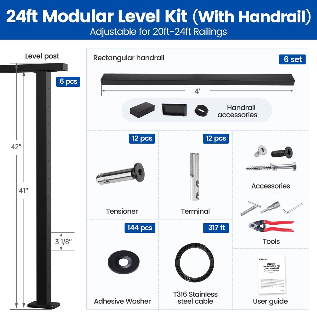 20-24ft Modular Black Cable Railing Kit with Handrail 42 Inch RW03