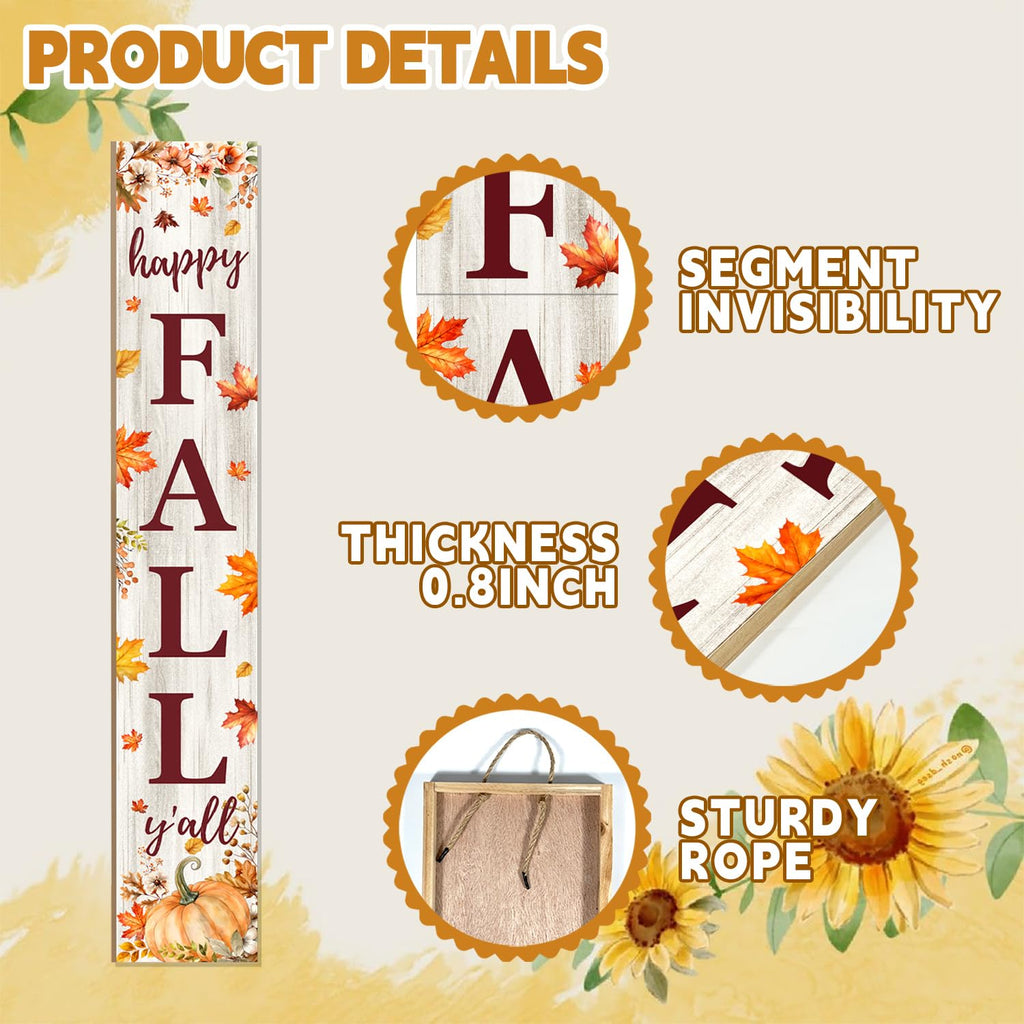 Happy Fall Y'all Welcome Porch Sign, 47.2 Inches Vertical Outdoor Fall Decor, Autumn Harvest Pumpkin & Maple Leaf