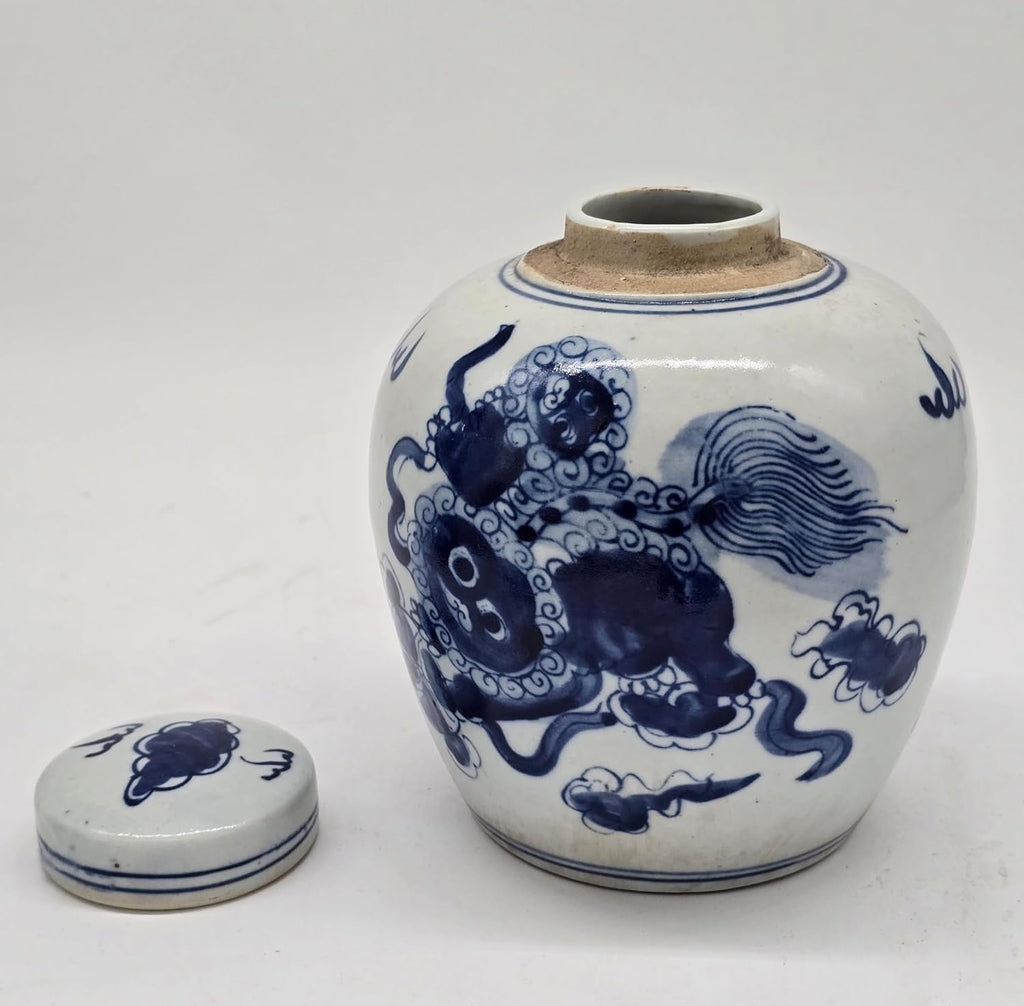 Blue and White Lion Dance Porcelain Ginger Jar with Lid (LJ2)
