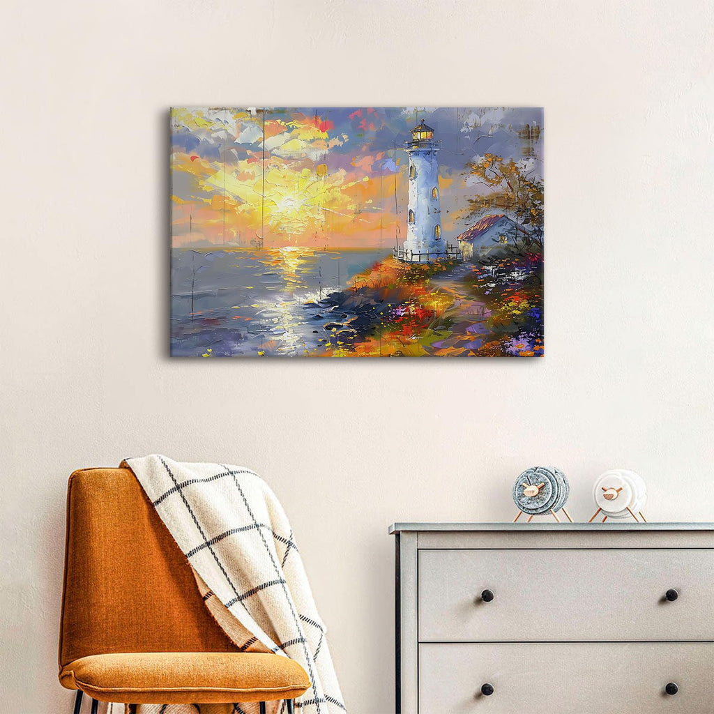 Sunset Coastal Wall Art Lighthouse Pictures Abstract Nature Beach Scenery Canvas Prints Ocean Landscape Wall Decor