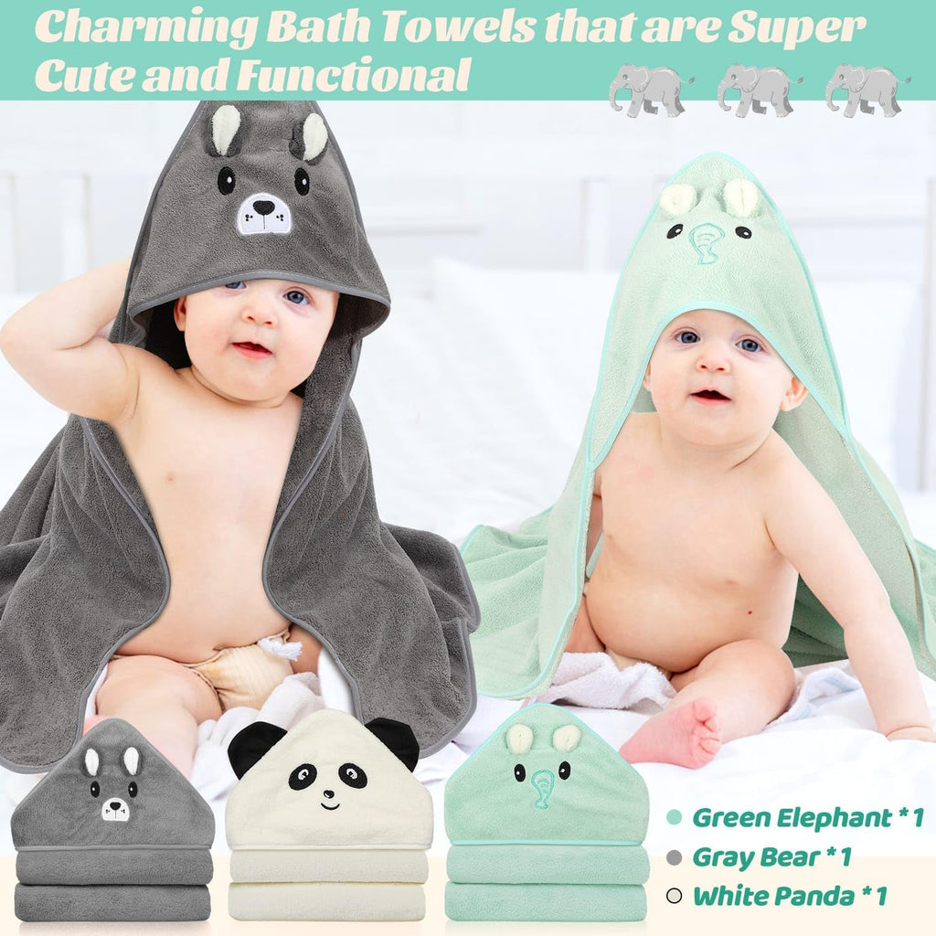 12 PCS Baby Towels Set, 3 PCS Baby Bath Towels & 9 PCS Washcloths Set, Animal Hooded Baby Towels for Infants