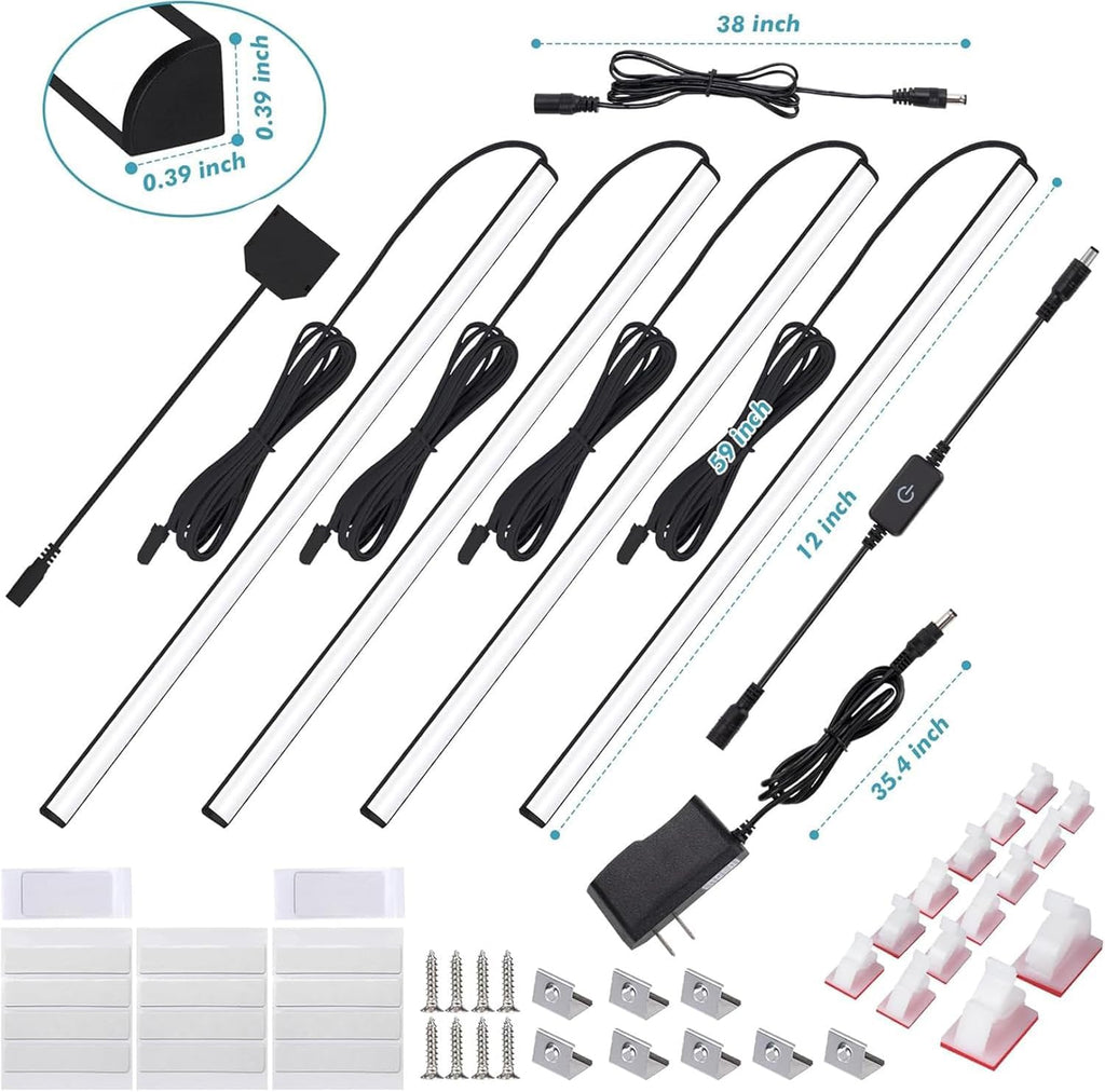 Black LED Shelf Lights, Display Cabinet Lights with Memory Function, 4 Pack x12 Inch Display Lights for Shelves, LED