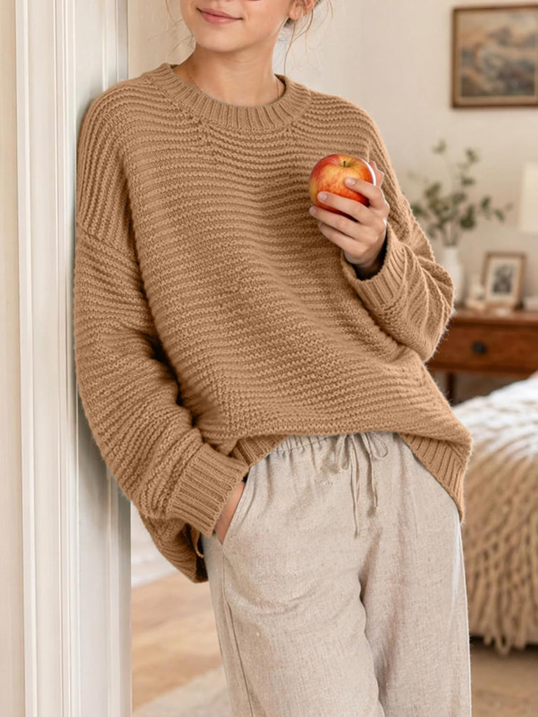 Knit Sweater Long Sleeve Crewneck Solid Soft Loose Pullover for Tween Warm Casual Fall Winter School Top
