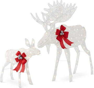 2-Piece Moose Family, Lighted Outdoor All-Weather Christmas Yard Decoration Light-Up Décor Set w/ 170 LED Lights