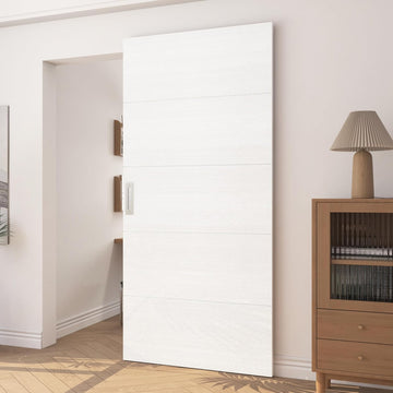 42"x84" Concealed Sliding Barn Door with Horizontal Groove and Soft Close Hardware Kit, White Flush 