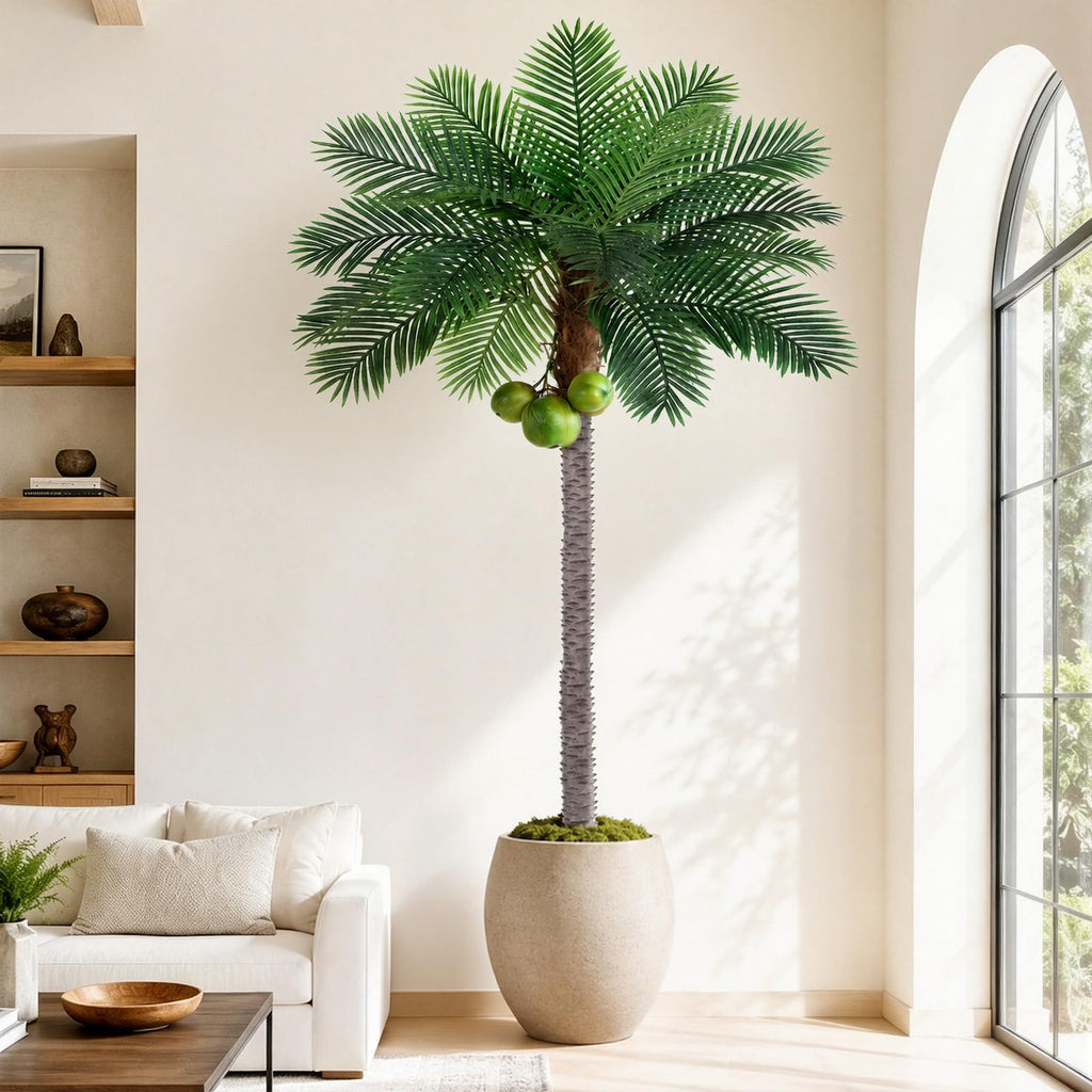 9ft Tall Artificial Phoenix Palm Tree with 3 Coconut Fruits, Large Fake Tropical Silk Tree Outside, Fake Tree Perfect