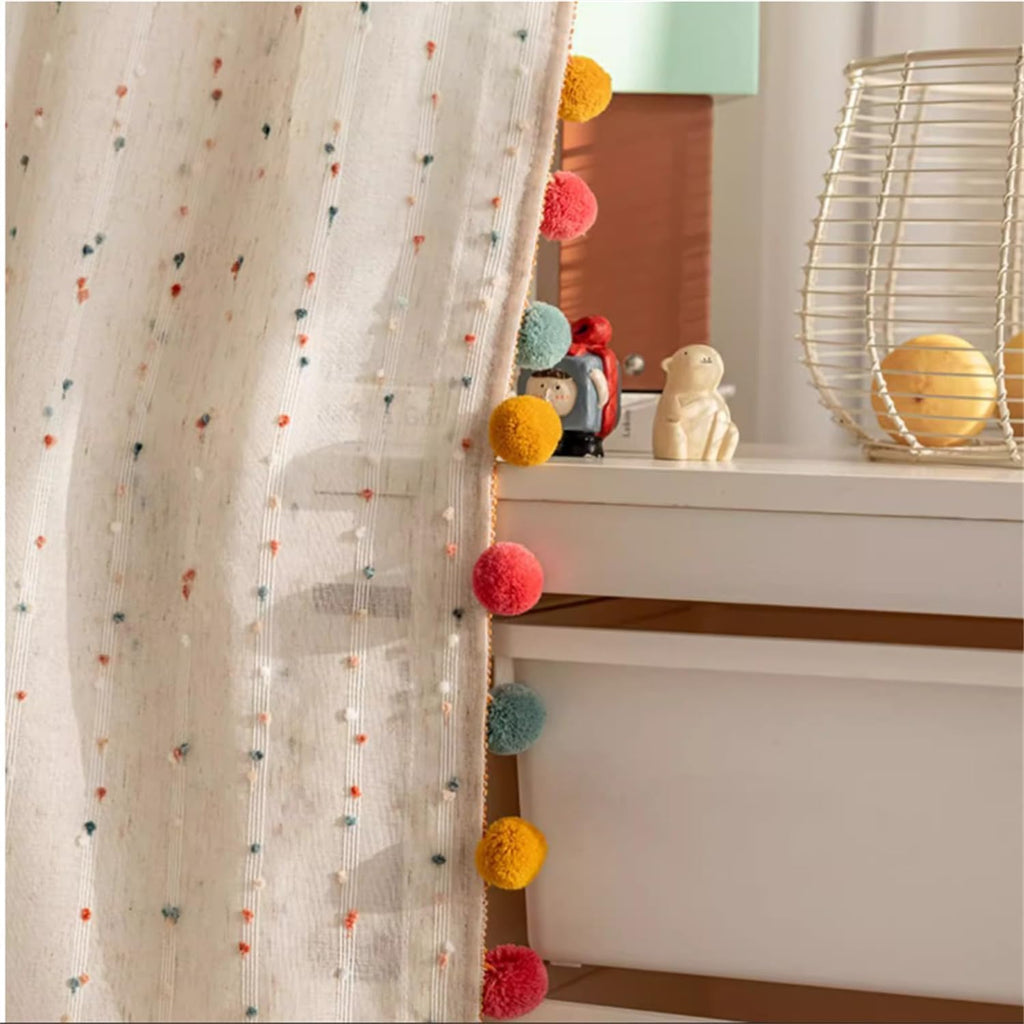 Boho Rainbow Sheer Curtain with Colorful Pom Pom Voile Drapes Faux Linen