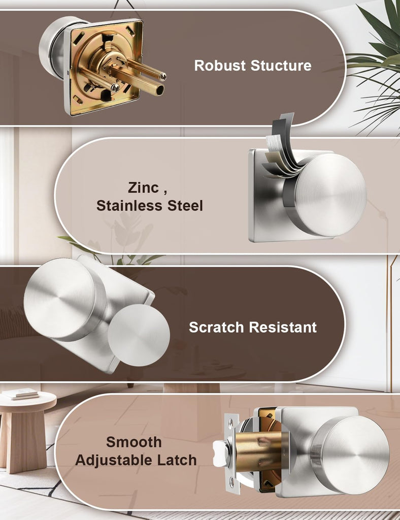 6 Pack Brushed Nickel Interior Passage Door Knob, Handle for Closet and Hallway Doors, Heavy Duty Square Non-Locking