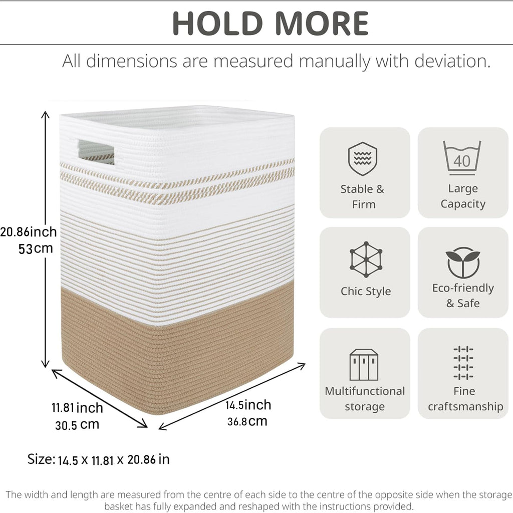 Rectangular Cotton Rope Laundry Hamper 60L Foldable Basket