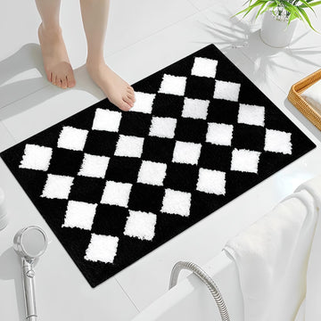 Black and White Bathroom Rugs Anti-Skid Water Absorbing Checkered Bath Mat, Buffalo Plaid Soft Microfiber Floor