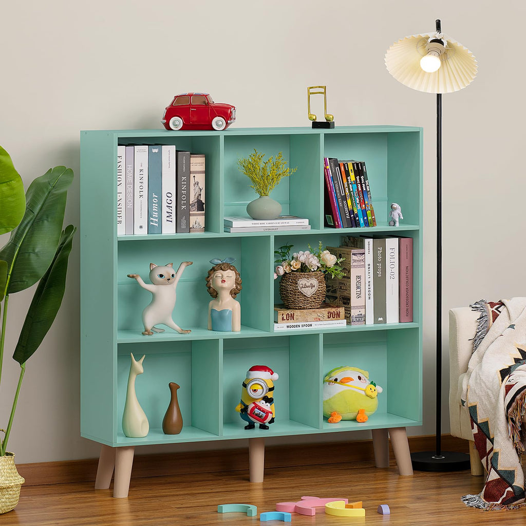 8 Cube Bookshelf, Mid-Century Modern Book Shelf with Legs, Green