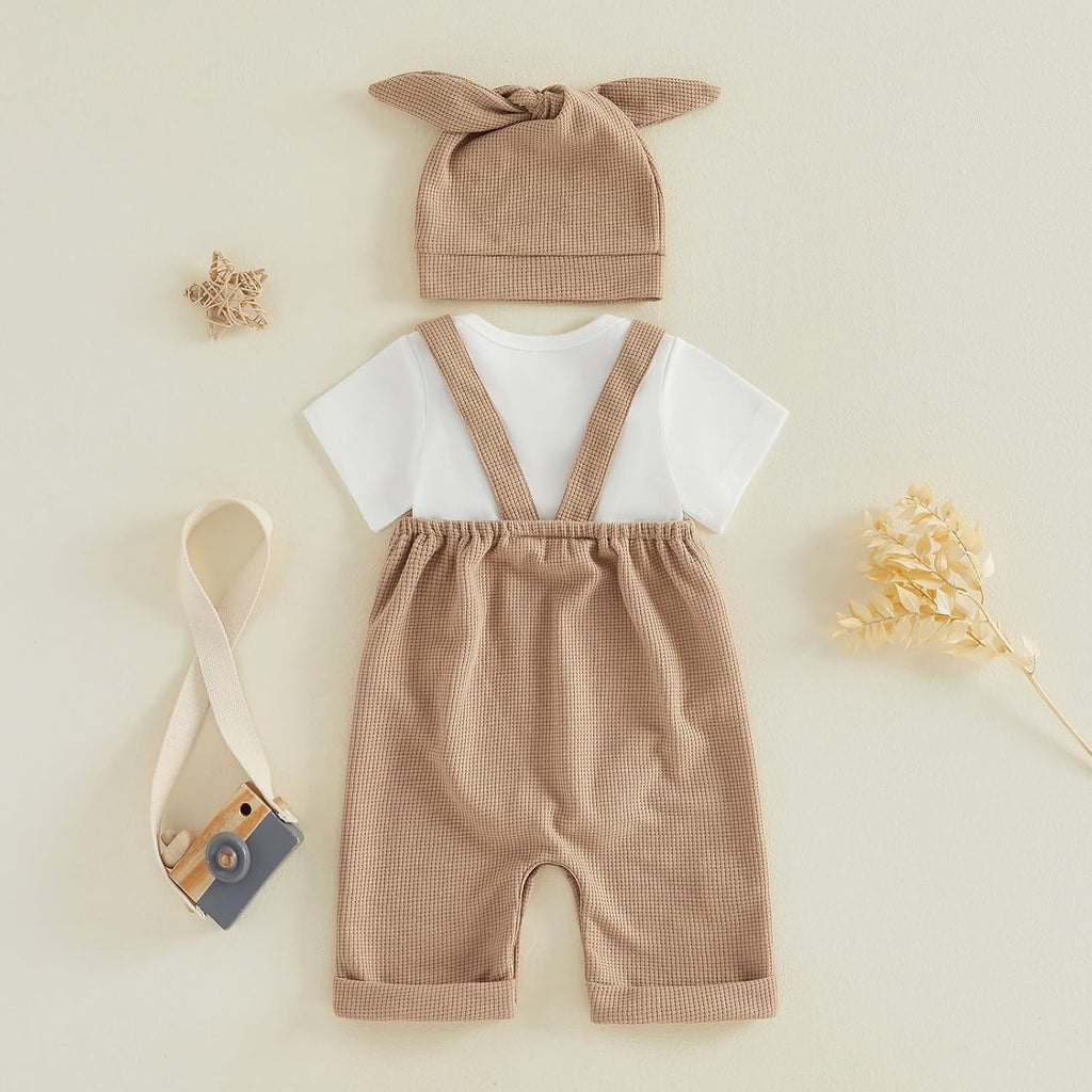 Newborn Baby Boy Clothes Summer Outfit Solid Color Short Sleeve Romper Waffle Suspender Shorts Overall Set 3Pcs