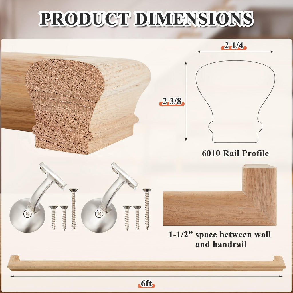 6010 Red Oak Handrail Kit 6 ft with Wall Returns and Wall Mount Brackets Indoor Wood Stairs Handrails Included Screws