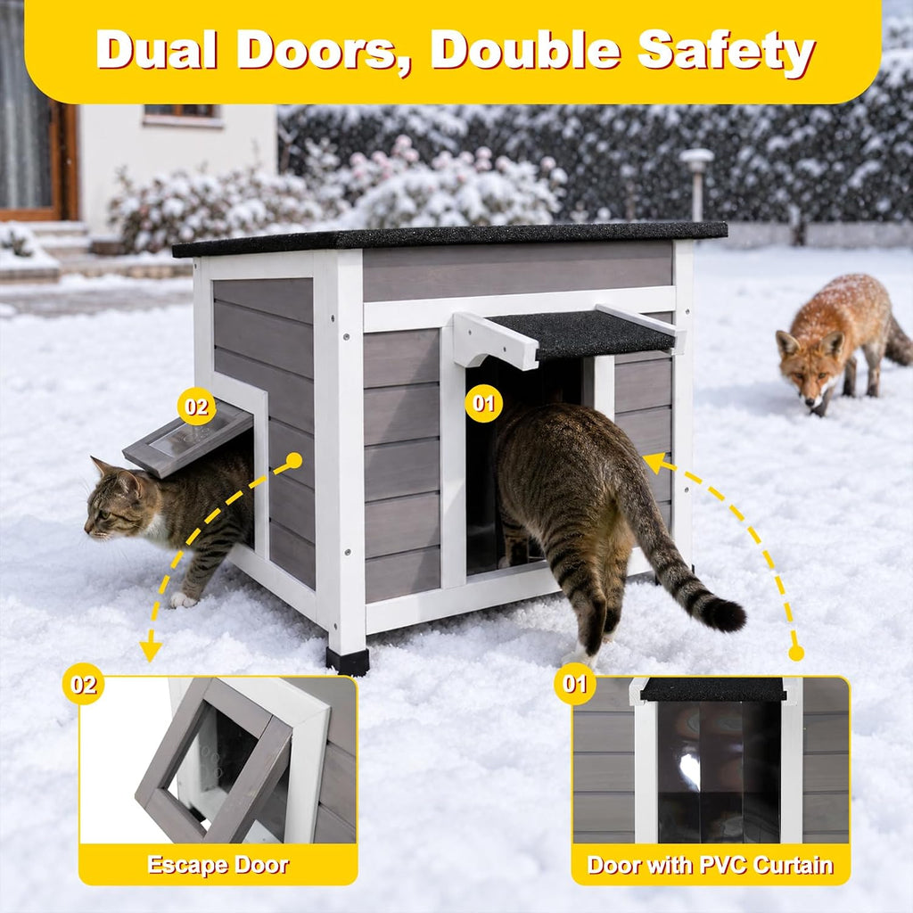 Insulated Outdoor Cat House, Weatherproof Feral Cat Shelter, Gray