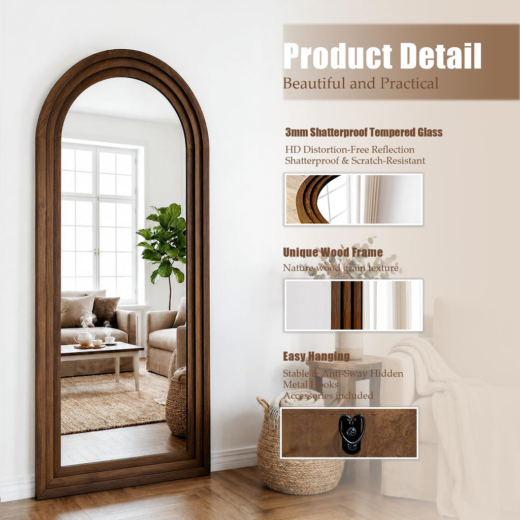 24"x65" Full Length Mirror Solid Wood Frame, Arched Floor Mirror Full Length with Stand, Room Decor Big Full Body