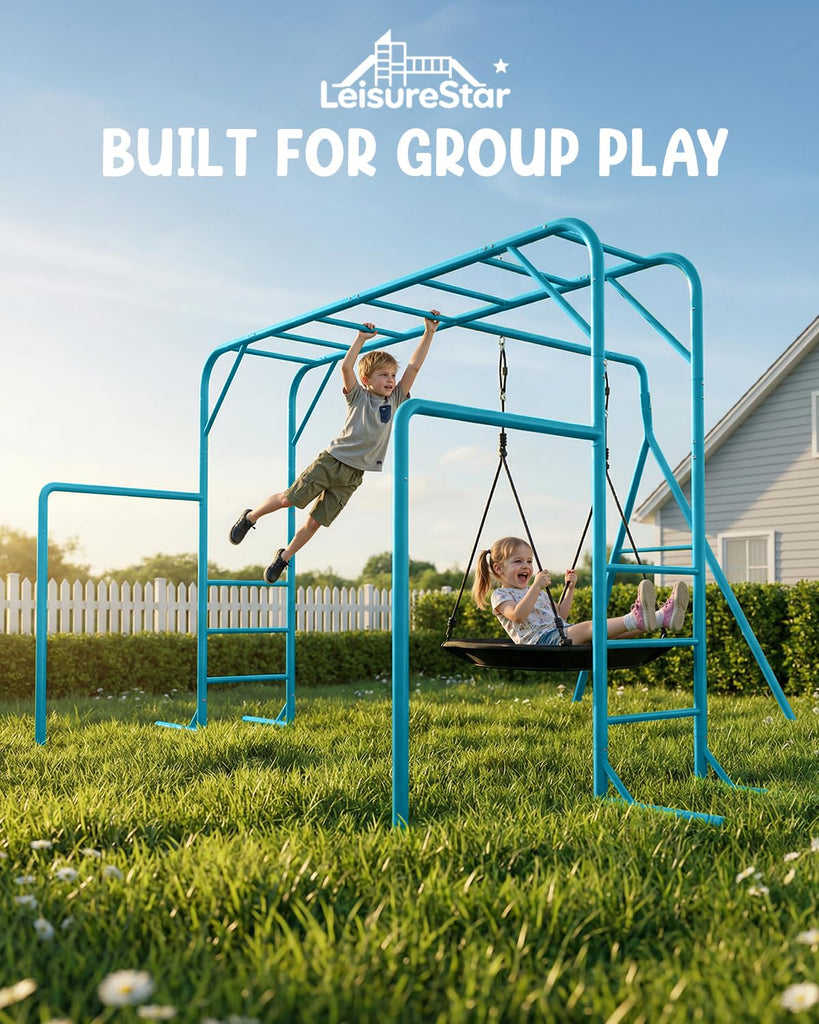 Monkey Bars Set for Backyard with Climbing Frame & Saucer Tree Swing, Playground Metal Swing Set with Monkey Bars