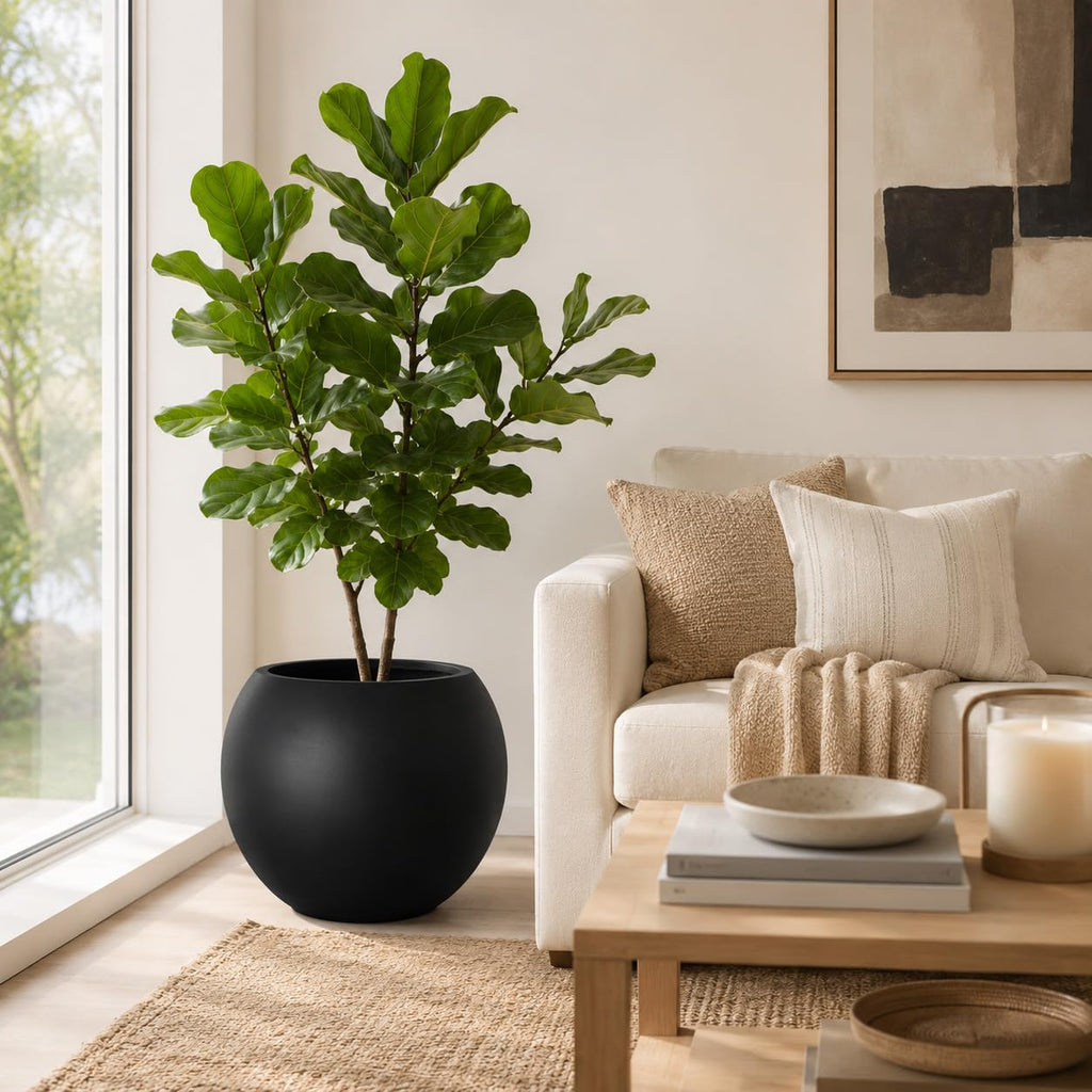 13.5 H x 17" Dia (12" Pot Opening) Black Round Fiberstone Planter with Drainage Hole, Indoor/Outdoor Large Plant Pot