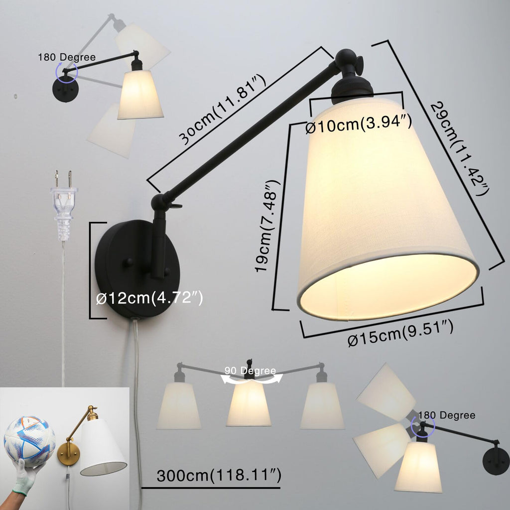 Retro Swing Arm Wall Sconce Plug in Wall Lamp Black Single Sconce with White Fabric Shade Wall Light Fixture Living