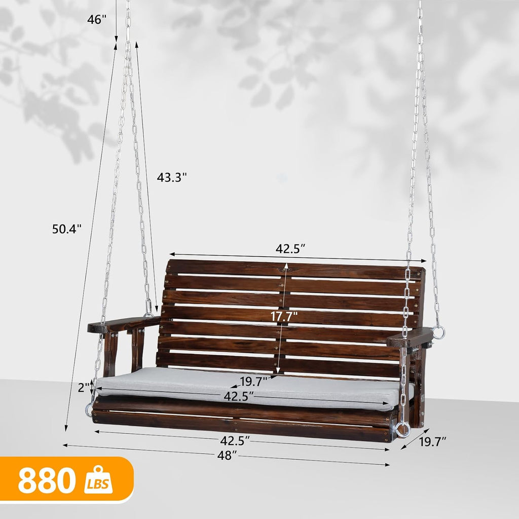 4 FT Heavy Duty Porch Swing with Cushion, 880 LBS Wooden, Rustic | Extra Cushion Included; Heavy-Duty Wood Frame;
