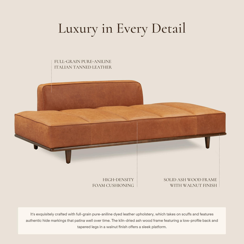 Jasper Daybed - Cognac Tan - Full-Grain Pure-Aniline Leather Upholstery - Walnut-Stained Ash Wood Frame, 6.6 Feet