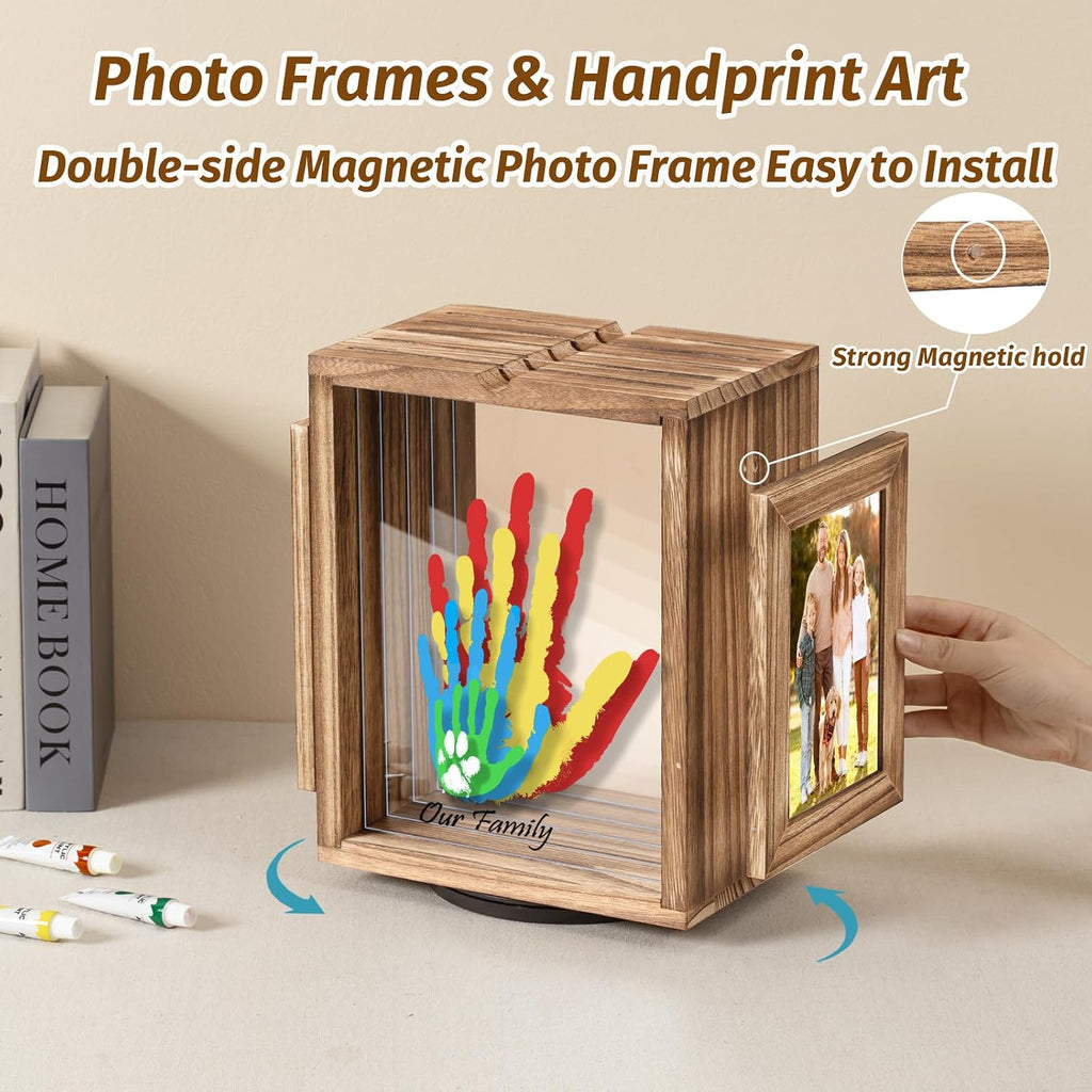 360 Rotating Family Handprint Kit, DIY Craft Keepsake Wooden Frame, Baby Footprint Kit, 5 Paint Colors Included