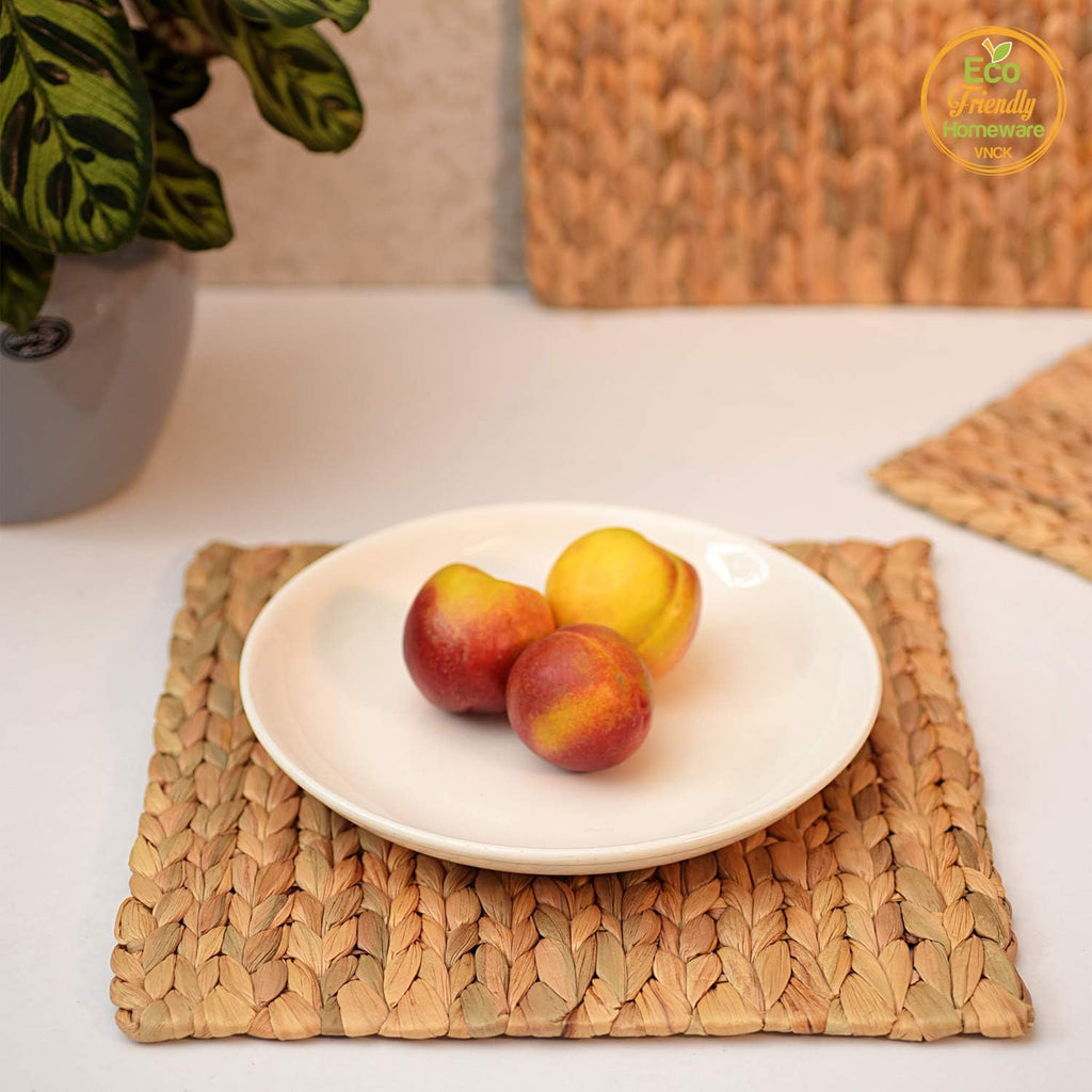 Square Placemats Set of 6, Water Hyacinth Woven Placemats for Dining Table, Boho Rattan Plate Chargers for Dinner
