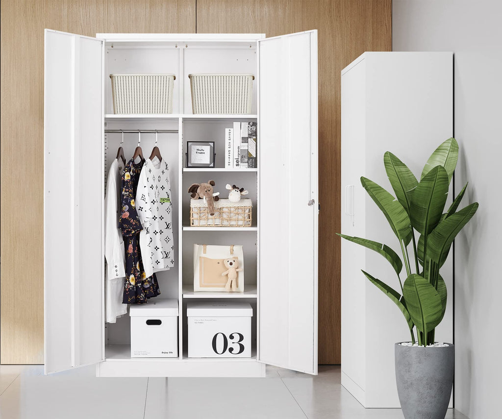 Steel Wardrobe Cabinet with 2 Doors, White Metal Locker Cabinet for Storage with Hanging Rod and 4 Shelves, Lockable