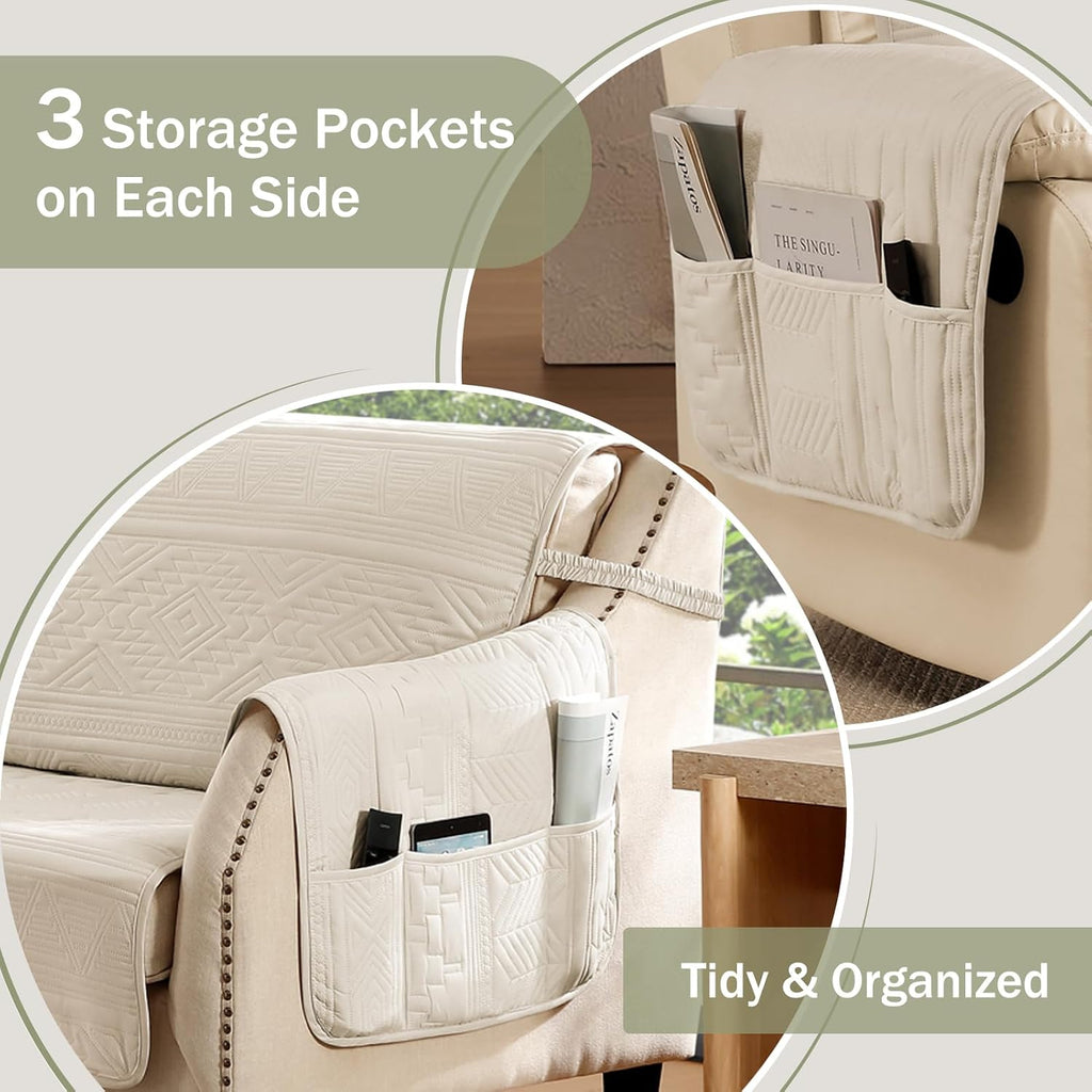 Boho Beige Quilted Recliner Covers, Water-Repellent Recliner Slipcovers, Lazy Boy Chair Covers, Pet Friendly Recliner