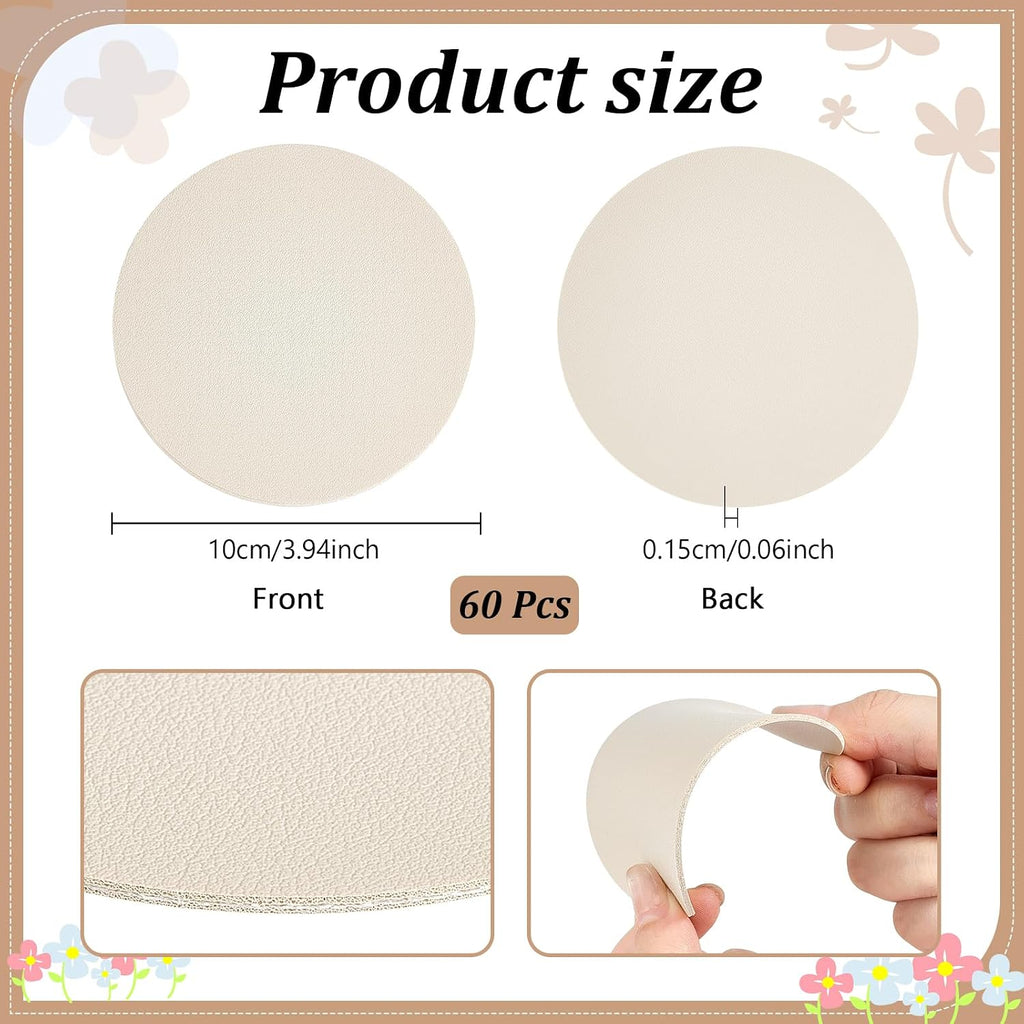 Round Leather Coasters for Drinks, 4"" Dual Sided Washable Cup Coasters for Coffee Tabletop, Drinking Coaster - Set of 60