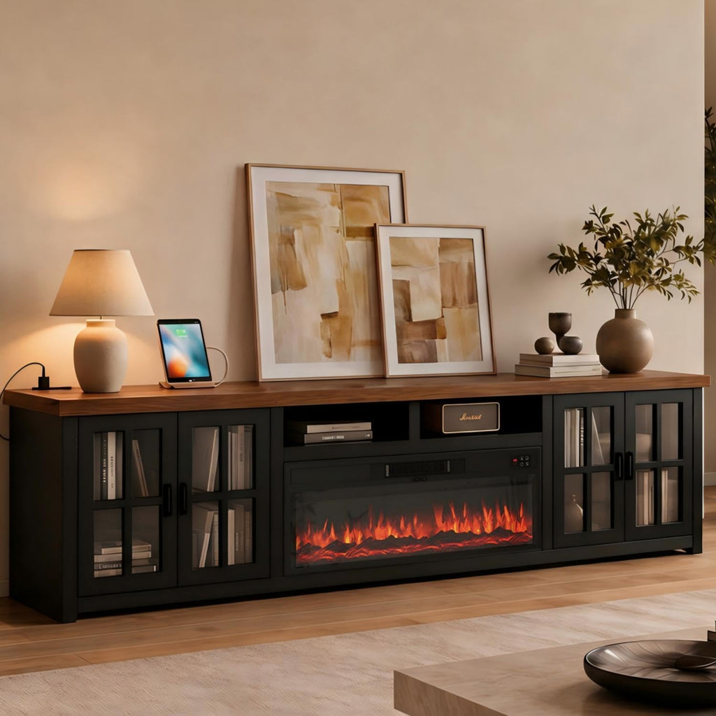 86" Solid Wood Fireplace TV Stand, Entertainment Center with 36" WI-FI Electric Fireplace,Modern TV Media Console