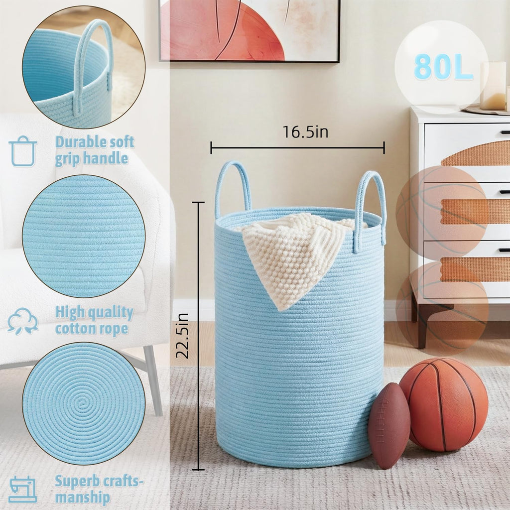 Basket,Woven Cotton Rope Laundry Hamper,80L for Decor Storage of Dirty Clothes,Toys and Blankets ,Baby Room and