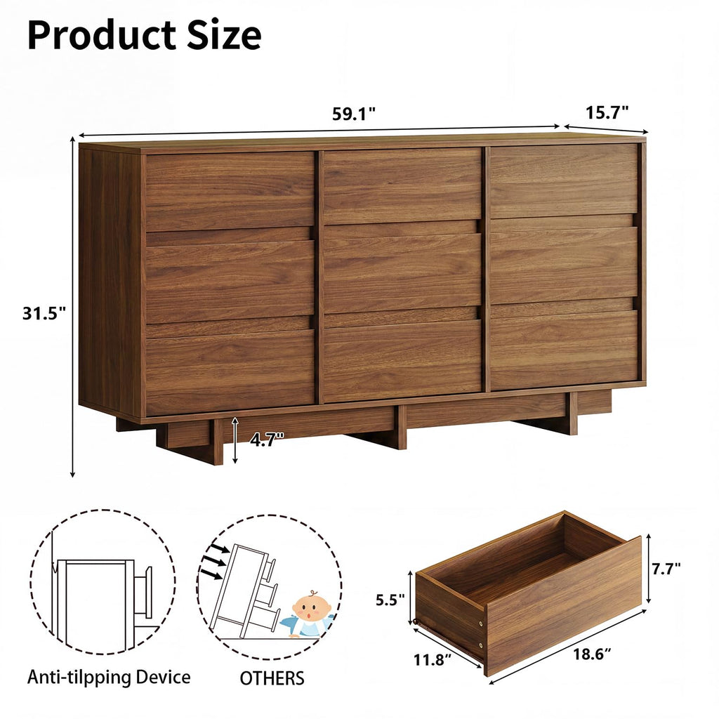 Walnut Dresser, 59in Modern 9 Drawer Chest of Drawers