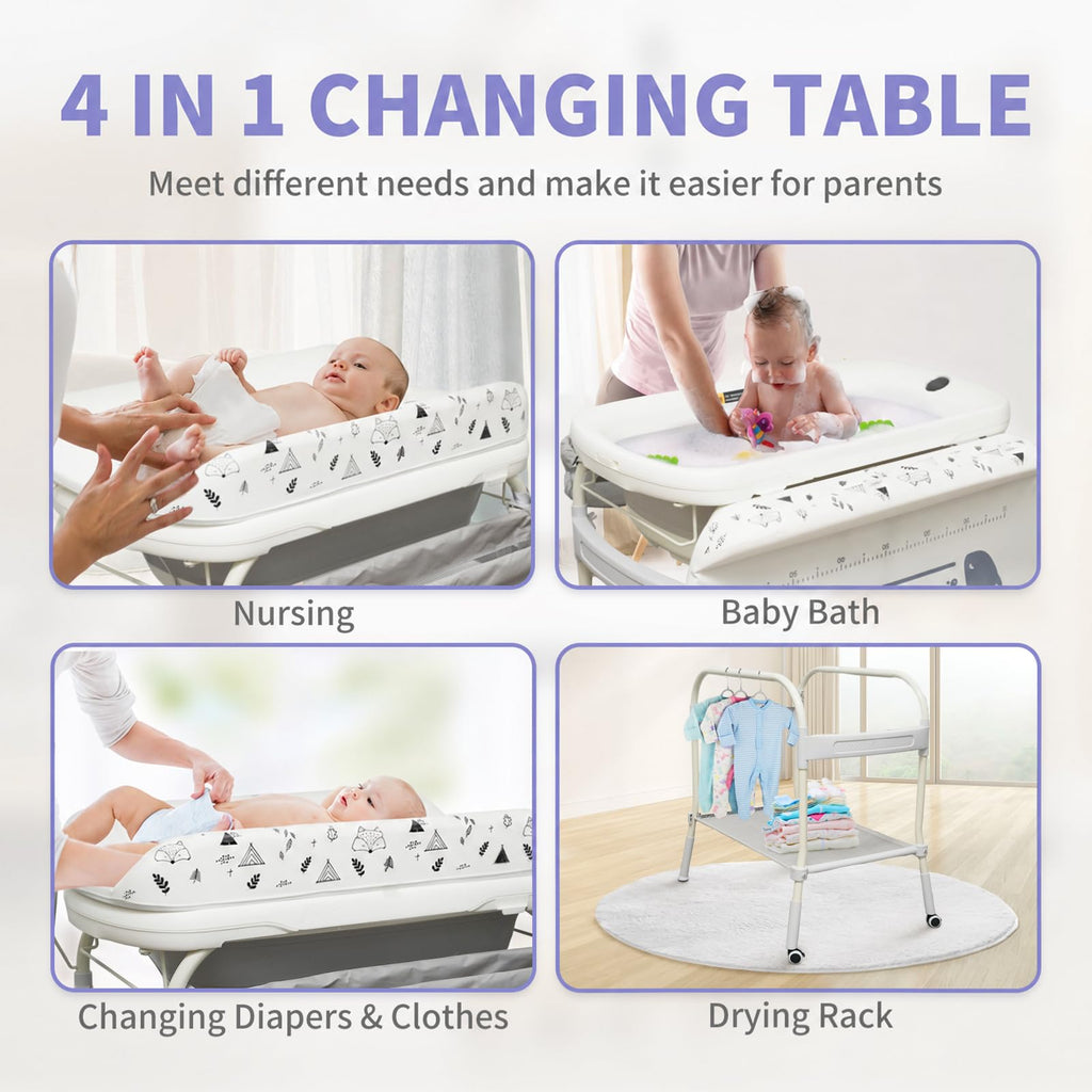 2 in 1 Baby Bathtub with Changing Table, Waterproof Diaper Changing Station Portable Changing Table Adjustable Height