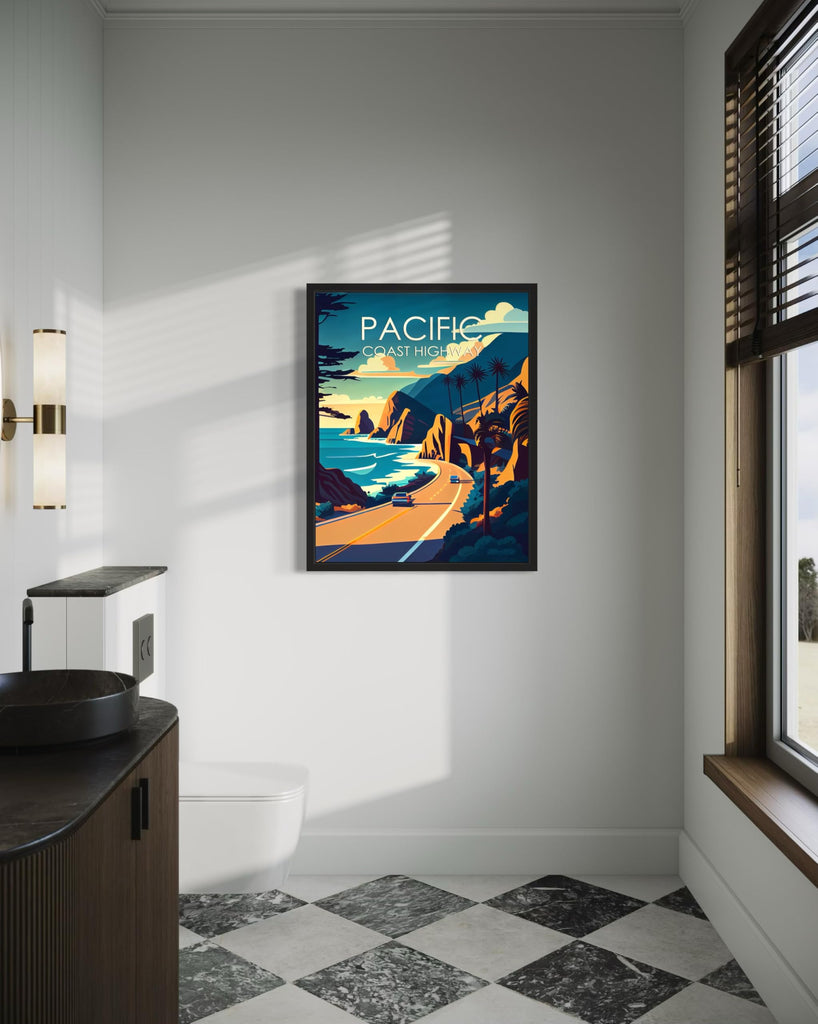Pacific Coast Highway Black Framed Poster Print, Retro City Mountain and Lake Landscape Artwork, Wall Vintage Decor