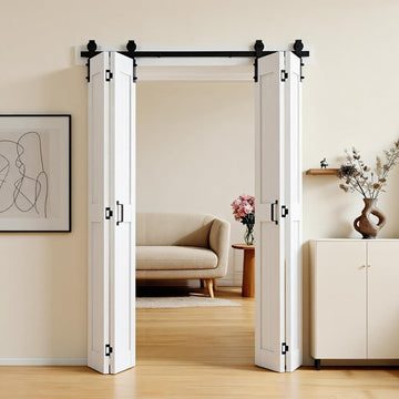 Bifold Barn Door, 48" x 84", MDF Bi-Fold Sliding Closet Doors, Header Board and Hardware Kit Include