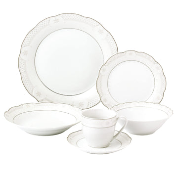 24 Piece Wavy Porcelain Atara Collection Dinnerware Set, Silver