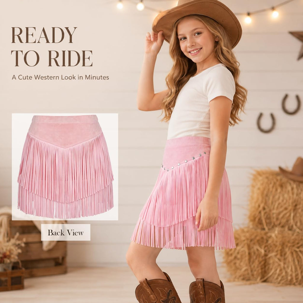 Girls Faux Suede Fringe Skirt Western Cowgirl High Waist Tassel Mini Skirt for Rodeo Country Concert