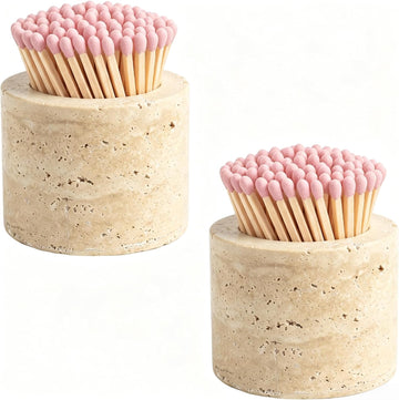Natural Travertine Marble Match Holder with Striker,2.5" X 2" - Set of 2