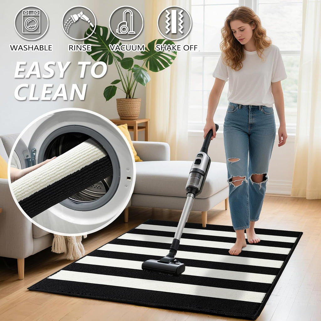 Black and White Outdoor Rug,32"x48" Front Porch Rug Absorbent Rubber Backed Non Slip Striped Rug Machine Washable