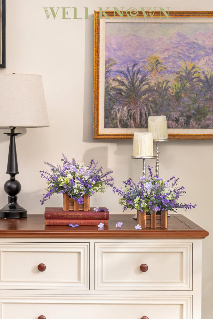 Artificial Lavender Plants in Wooden Baskets - Set of 2