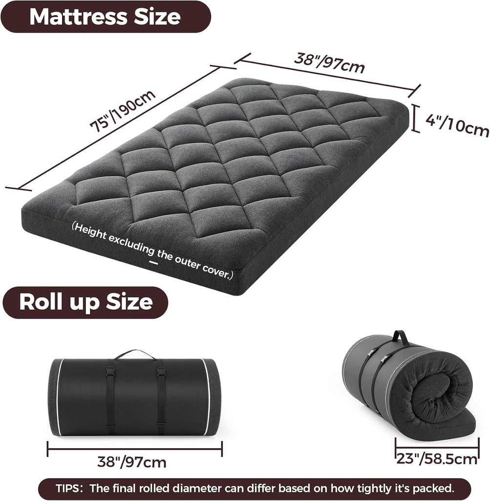 4" Twin Floor Futon Mattress, Memory Foam & Egg Crate Foam, Quilted