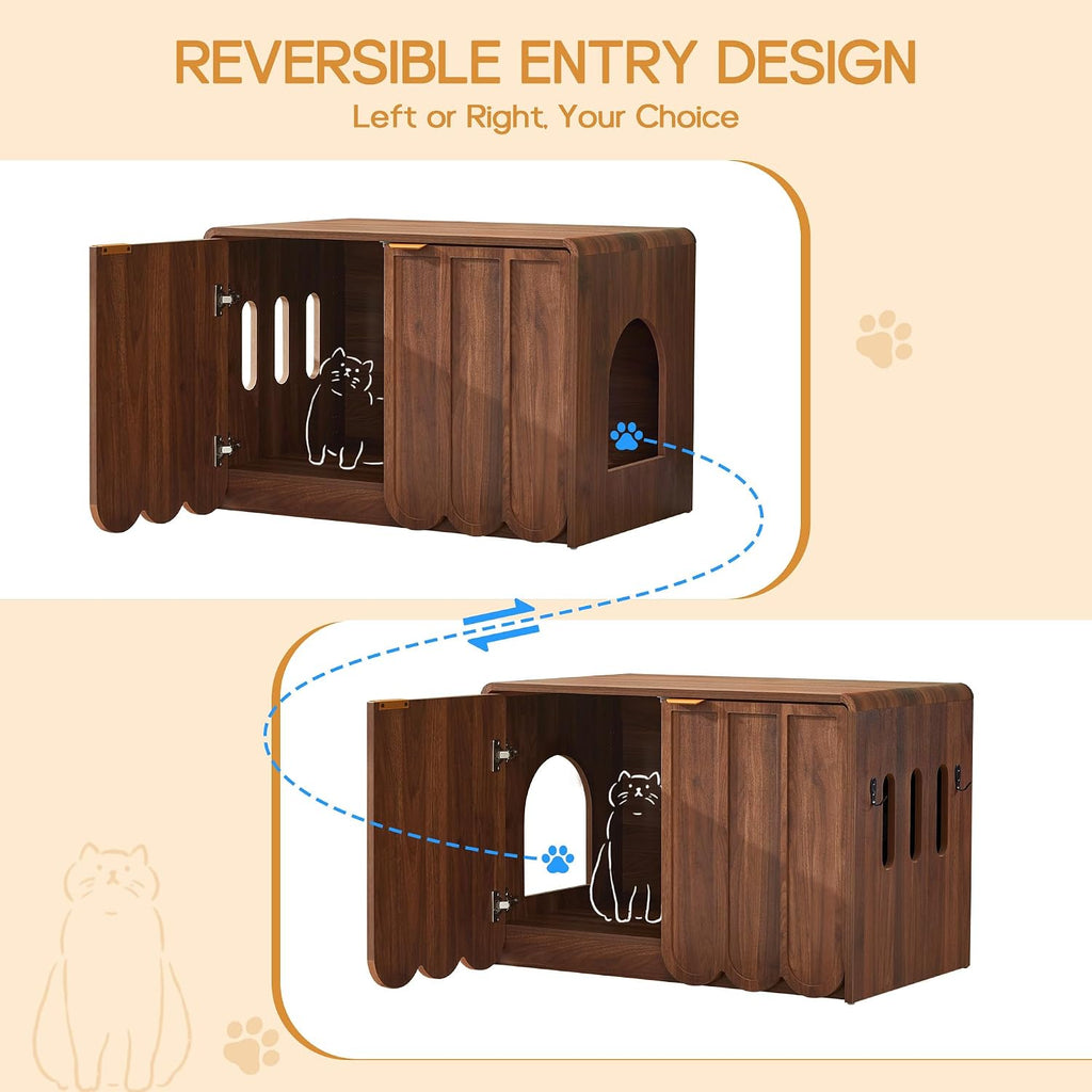 Cat Litter Box Enclosure Furniture, Hidden Cat Litter Box Cabinet with Scalloped Doors, Modern Cat House with Gold