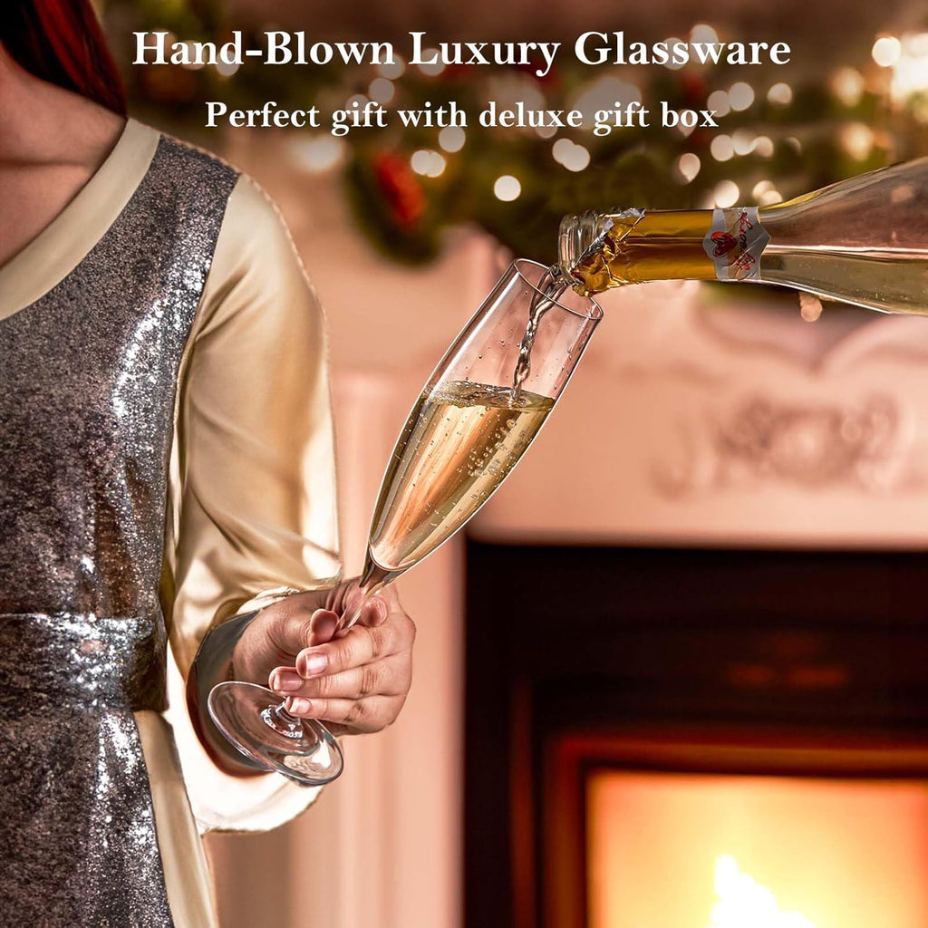 Champagne Glasses-Elegant Flutes-Gift-Box-Hand Blown Champagne Flutes Glass-100% Lead-Free Premium Crystal - Gift