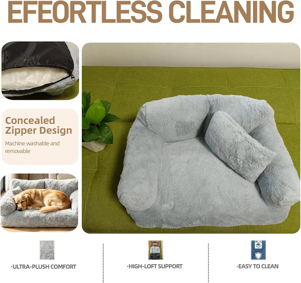 Plush Calming Pet Sofa Bed Fluffy Dog Cat Couch Washable (Khaki, X-Large)