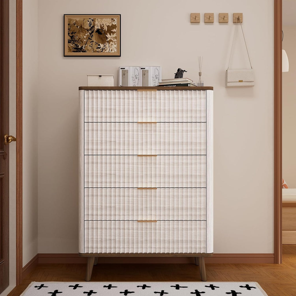 Fluted Wood 5 Drawer Dresser: 45.5" Tall Chest of Drawers, Mid Century Modern Storage Cabinet Nursery, Large Vertical