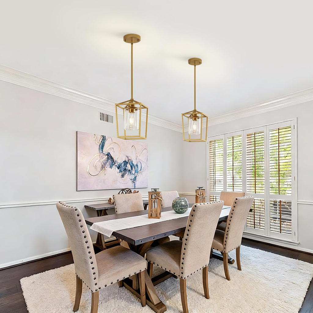 2 Pack Gold Pendant Lights Kitchen Island, Modern Farmhouse Kitchen Pendant Light Fixtures, Metal Cage Island Lights