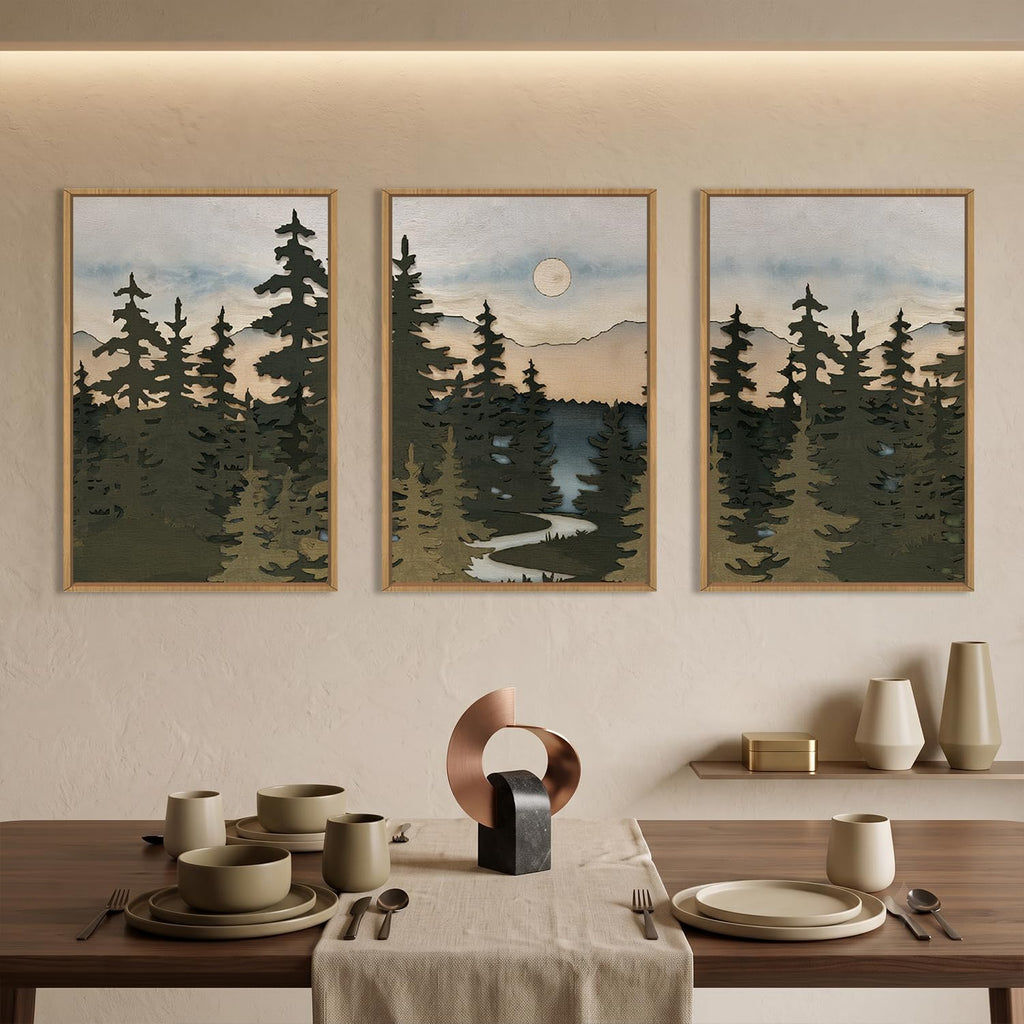 Large Boho Mountain Forest Pine Tree Framed Wall Art Set -24"x36"x3