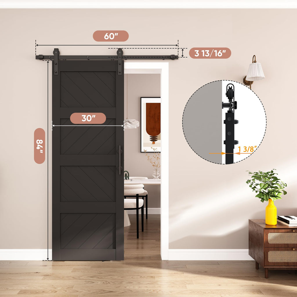 30x84 inch Sliding Barn Door, Wave Shape 4-Panel Door, Black