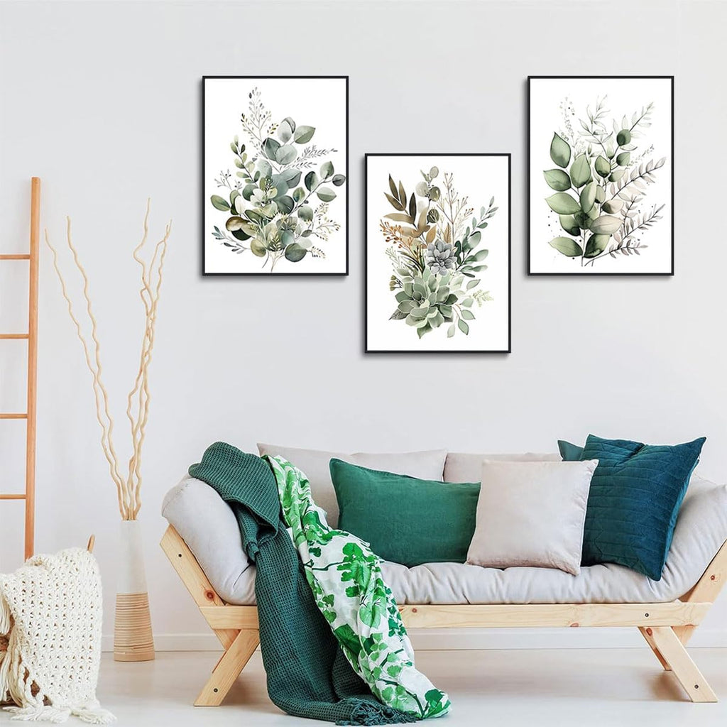 Botanical Wall Art Plant Floral Watercolor Canvas Prints Set of 3 Framed Sage Green Painting Eucalyptus Leaf Picture