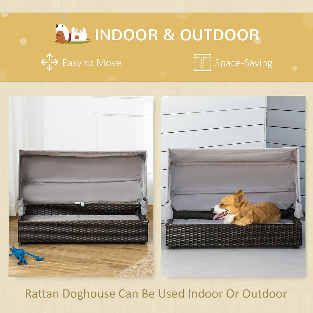 Rattan Dog Bed, Elevated Pet Sofa, Wicker Cat House, Indoor/Outdoor Use, for Garden Patio with Foldable Canopy